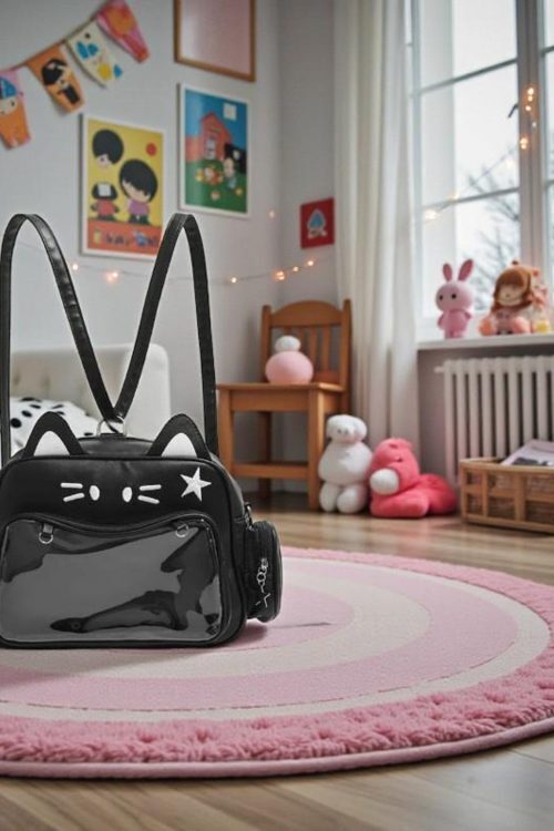 Black Kawaii Cat Convertible Ita Bag with Clear Window for Pin Display