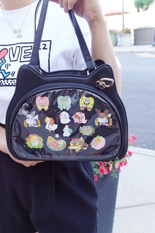 Black Kawaii Cat Convertible Ita Bag with Clear Window for Plushies and Pins