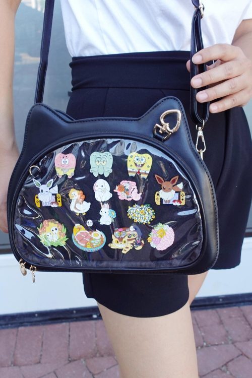 Black Kawaii Cat Convertible Ita Bag with Clear Window for Plushies and Pins