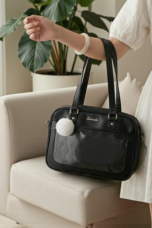 Black Kawaii Convertible Ita Bag with Clear Window for Pin Display