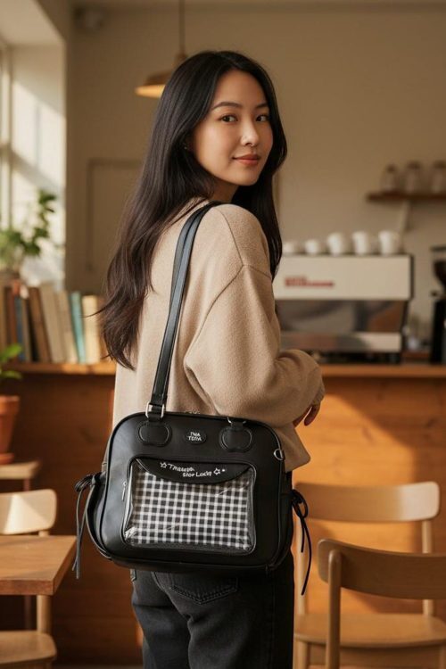 Black Kawaii Convertible Ita Bag with Clear Window for Pin Display
