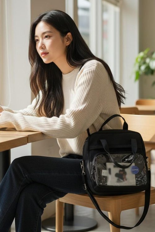 Black Kawaii Convertible Ita Bag with Clear Window for Pin Display