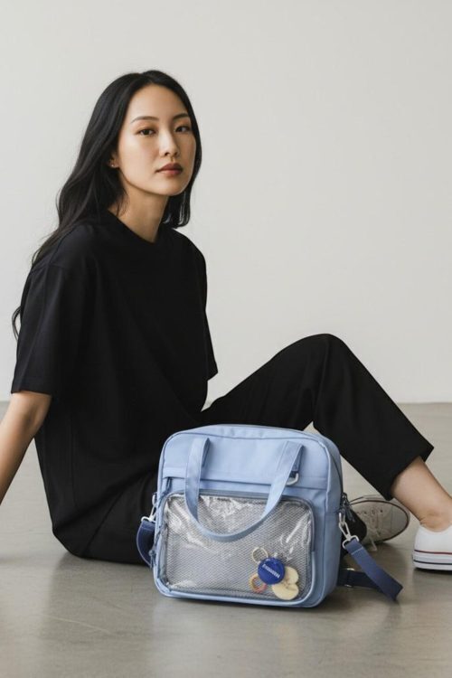 Black Kawaii Convertible Ita Bag with Clear Window for Pin Display