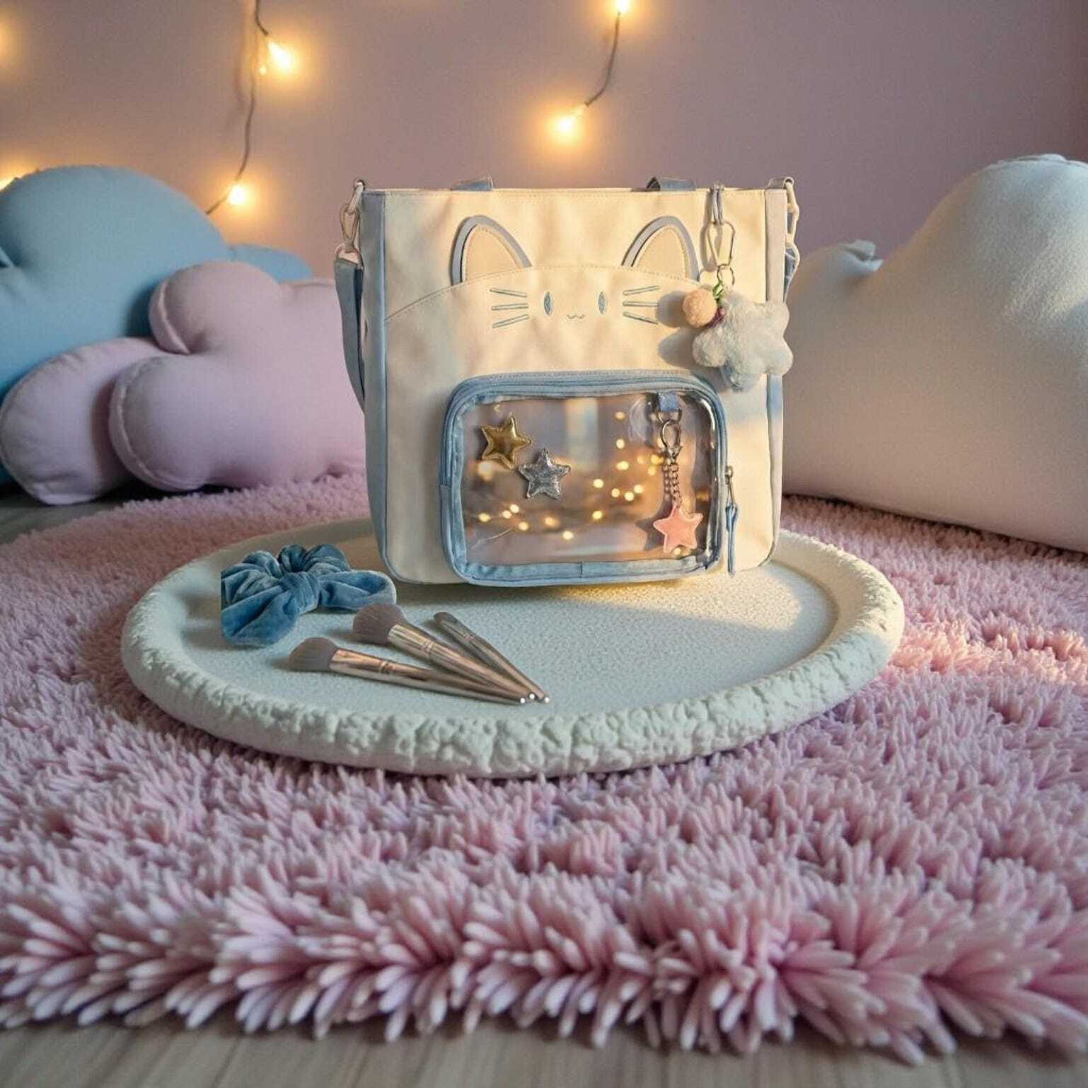 Black Kawaii Convertible Ita Bag with Clear Window for Pin Display Black Kawaii Convertible Ita Bag with Clear Window for Pin Display