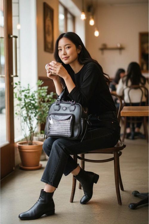 Black Kawaii Convertible Ita Bag with Clear Window for Pin Display