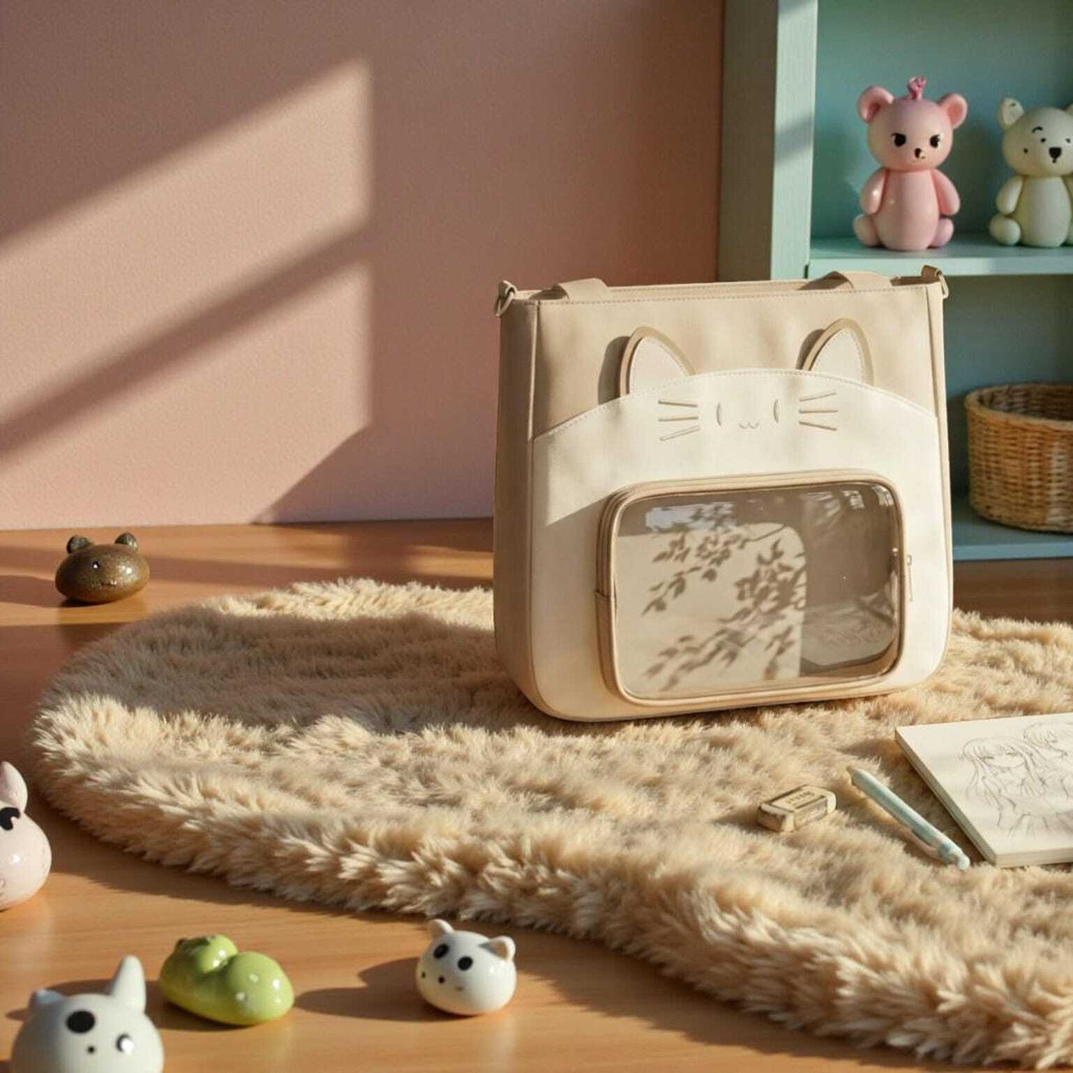 Black Kawaii Convertible Ita Bag with Clear Window for Pin Display Black Kawaii Convertible Ita Bag with Clear Window for Pin Display