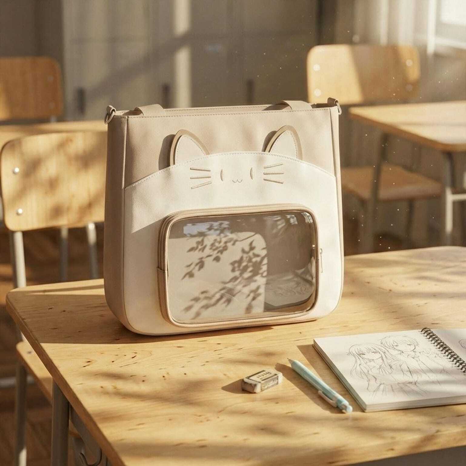 Black Kawaii Convertible Ita Bag with Clear Window for Pin Display Black Kawaii Convertible Ita Bag with Clear Window for Pin Display