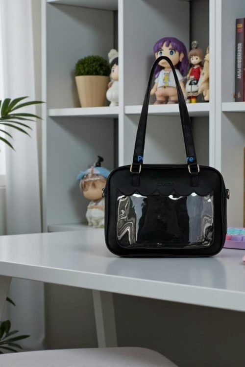 Black Kawaii Convertible Ita Bag with Clear Window for Pin Display