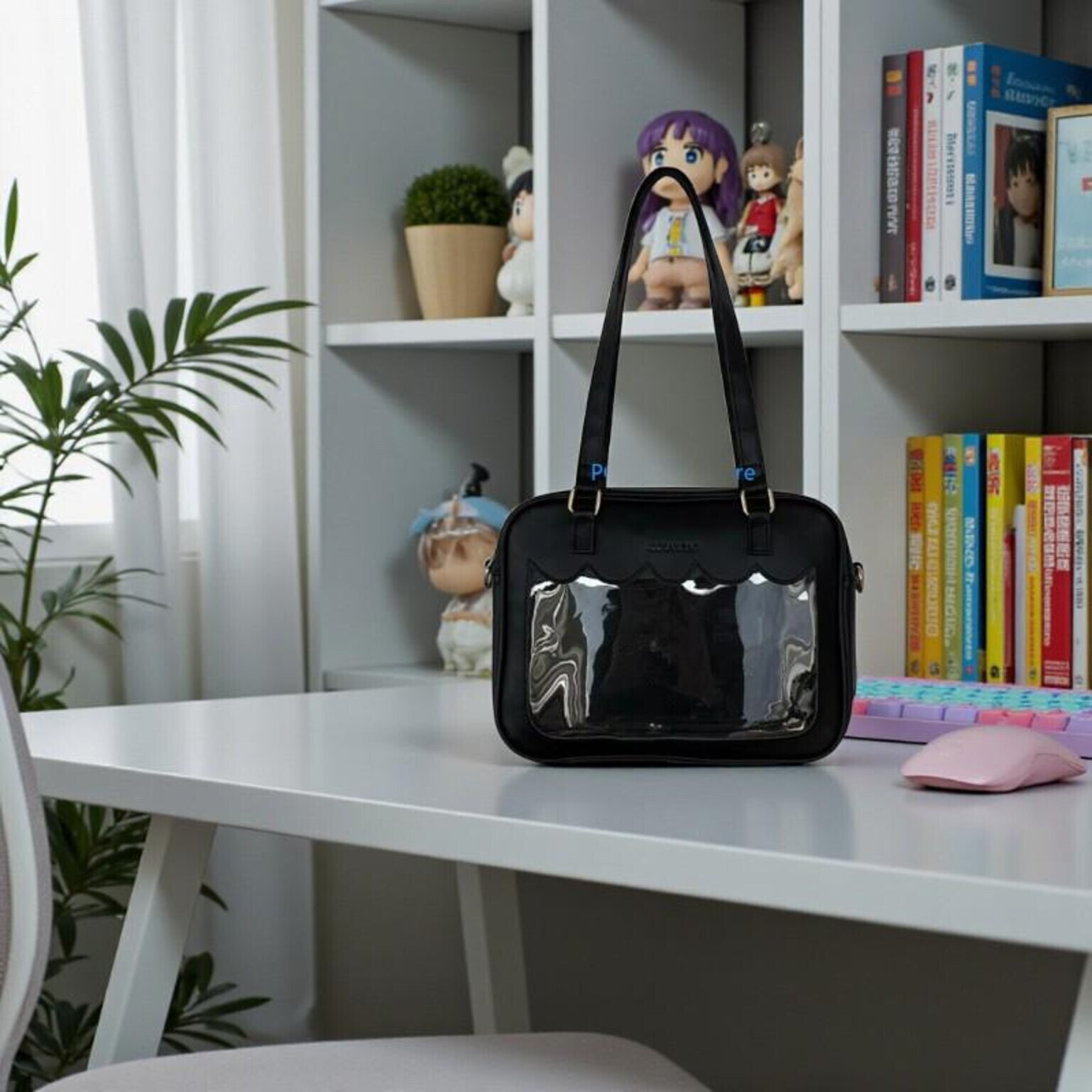 Black Kawaii Convertible Ita Bag with Clear Window for Pin Display Black Kawaii Convertible Ita Bag with Clear Window for Pin Display