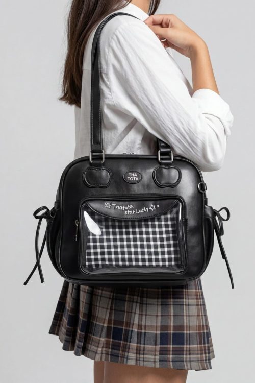 Black Kawaii Convertible Ita Bag with Clear Window for Pin Display