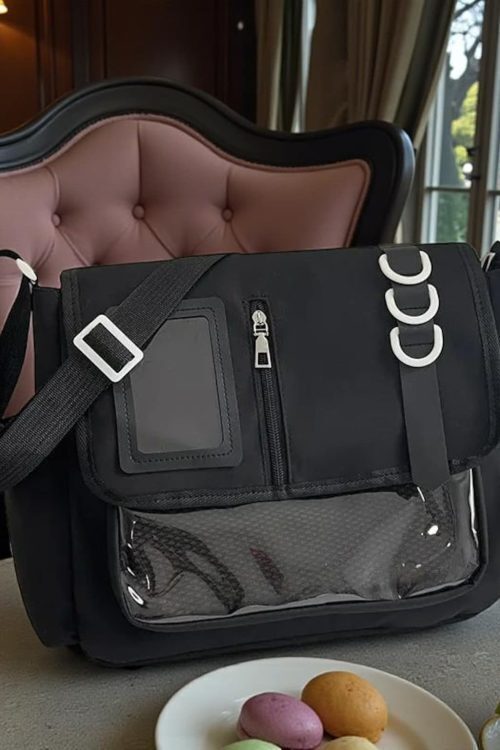 Black Kawaii Convertible Ita Bag with Clear Window for Pin Display