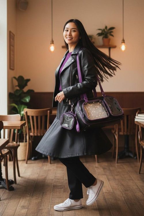 Black Kawaii Convertible Ita Bag with Clear Window for Pin Display