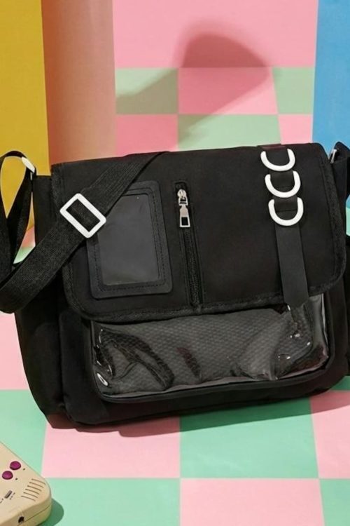 Black Kawaii Convertible Ita Bag with Clear Window for Pin Display