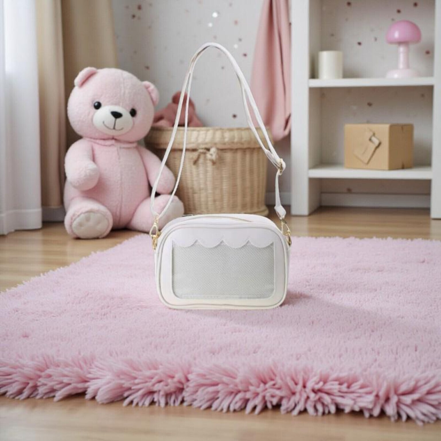 Black Kawaii Convertible Ita Bag with Clear Window for Pin Display Black Kawaii Convertible Ita Bag with Clear Window for Pin Display