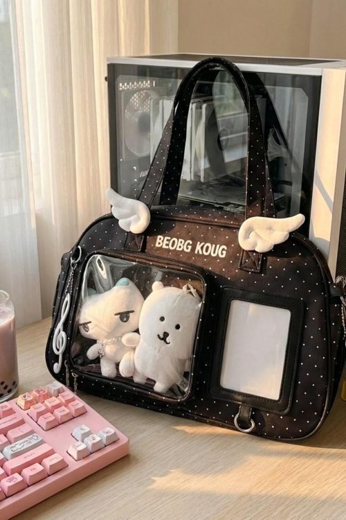 Black Kawaii Convertible Ita Bag with Clear Window for Pin Display