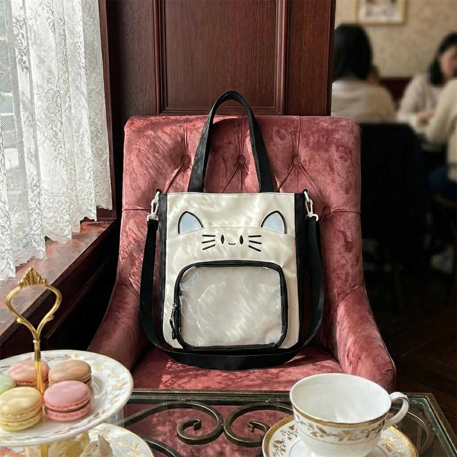 Black Kawaii Convertible Ita Bag with Clear Window for Pin Display Black Kawaii Convertible Ita Bag with Clear Window for Pin Display