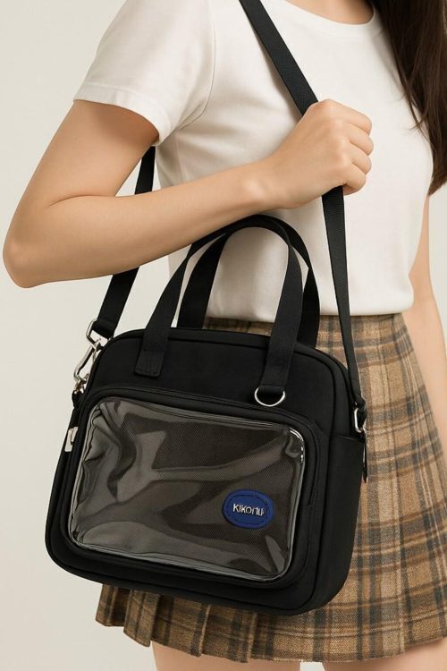 Black Kawaii Convertible Ita Bag with Clear Window for Pin Display