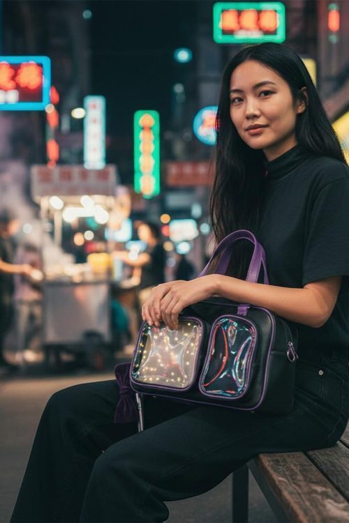 Black Kawaii Convertible Ita Bag with Clear Window for Pin Display