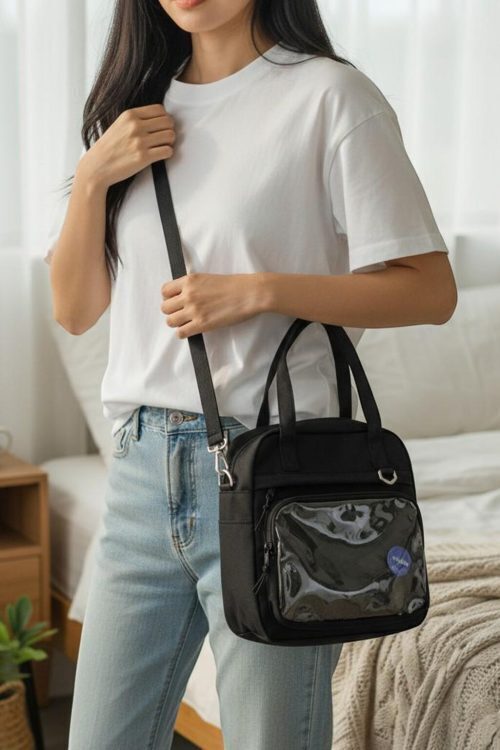 Black Kawaii Convertible Ita Bag with Clear Window for Pin Display