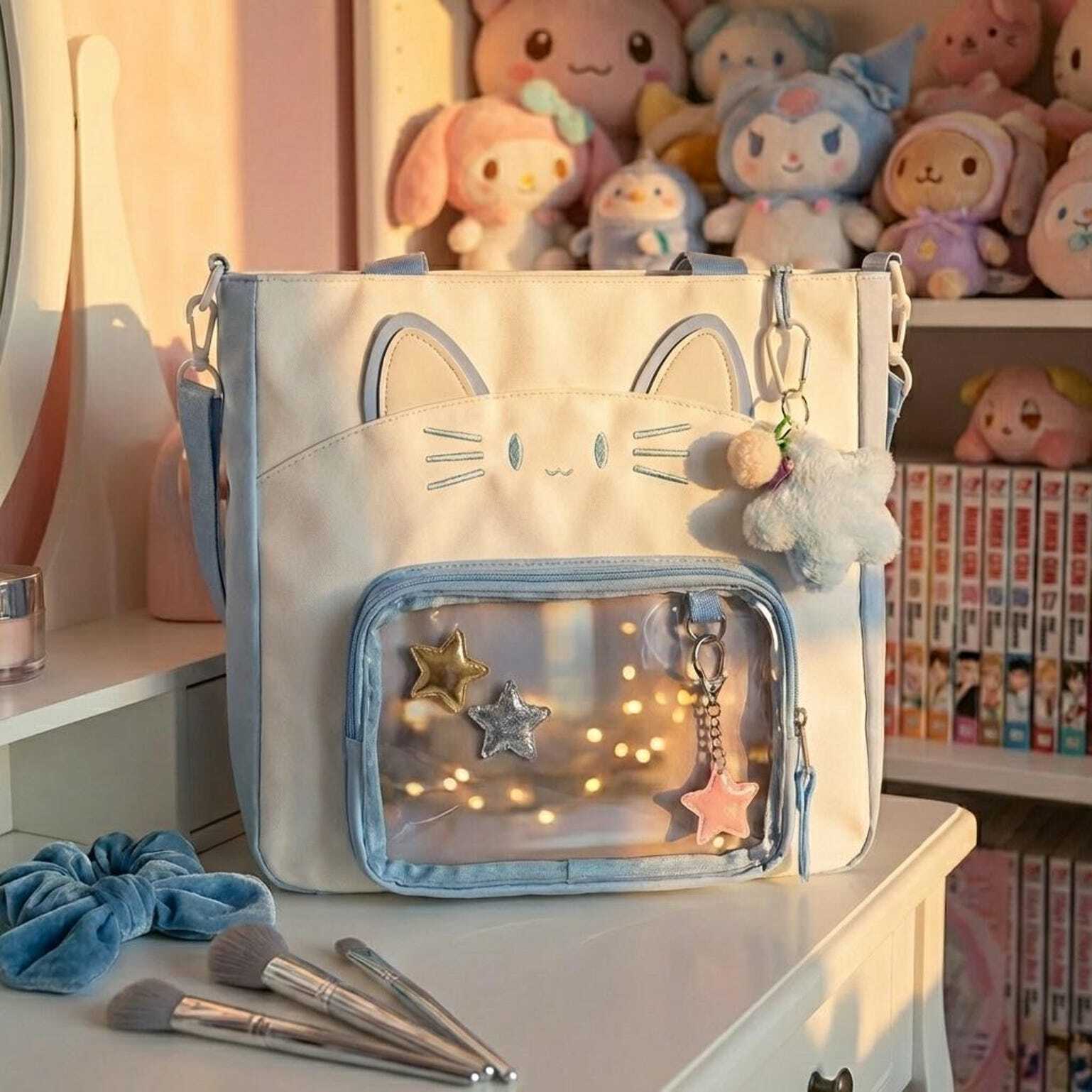 Black Kawaii Convertible Ita Bag with Clear Window for Pin Display Black Kawaii Convertible Ita Bag with Clear Window for Pin Display