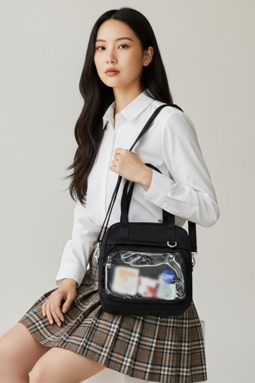 Black Kawaii Convertible Ita Bag with Clear Window for Pin Display
