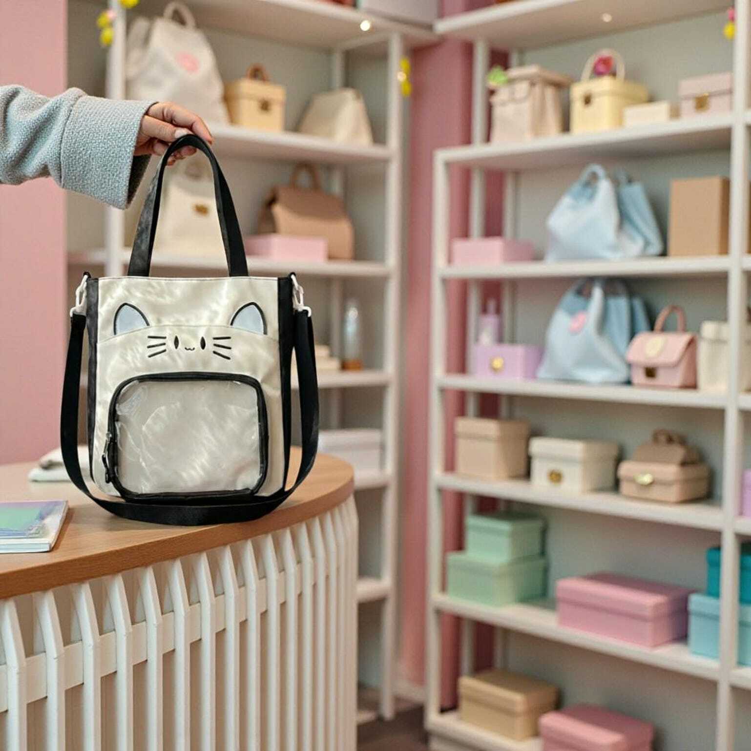 Black Kawaii Convertible Ita Bag with Clear Window for Pin Display Black Kawaii Convertible Ita Bag with Clear Window for Pin Display