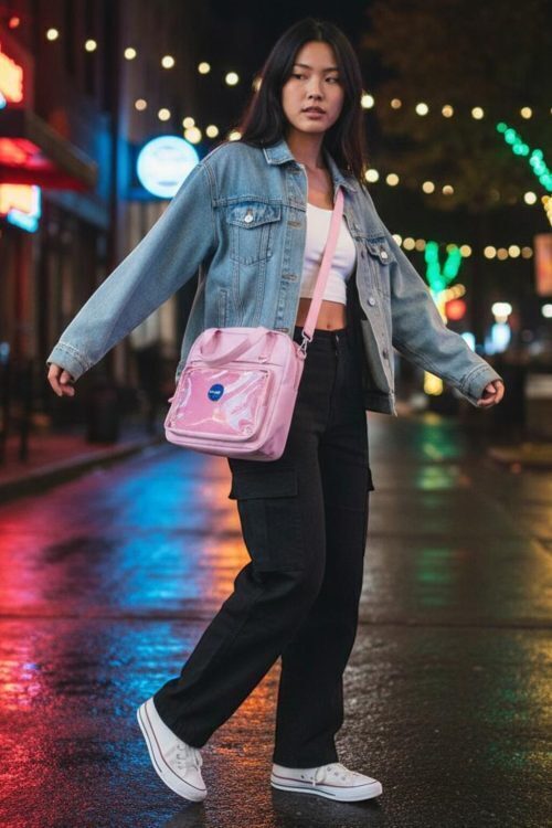 Black Kawaii Convertible Ita Bag with Clear Window for Pin Display