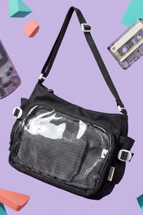 Black Kawaii Convertible Ita Bag with Clear Window for Pin Display