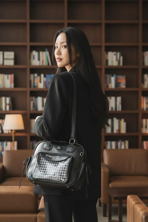 Black Kawaii Convertible Ita Bag with Clear Window for Pin Display