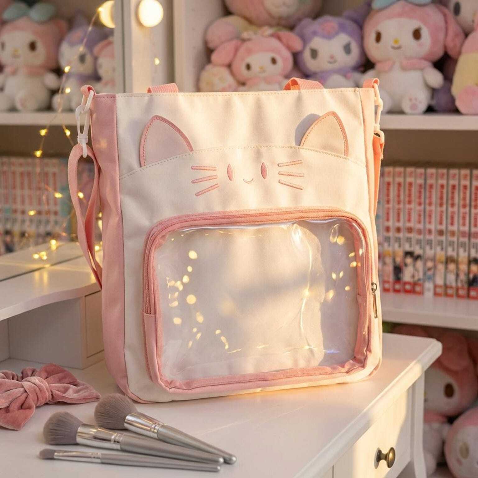 Black Kawaii Convertible Ita Bag with Clear Window for Pin Display Black Kawaii Convertible Ita Bag with Clear Window for Pin Display