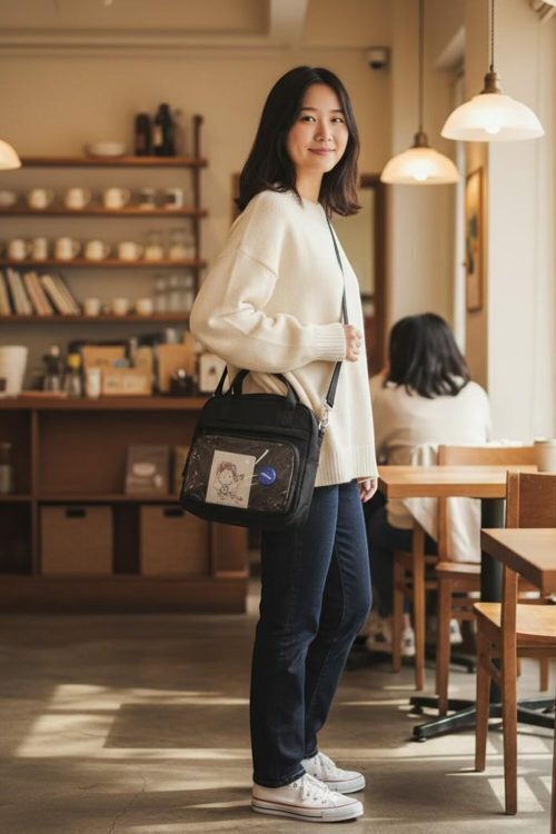 Black Kawaii Convertible Ita Bag with Clear Window for Pin Display