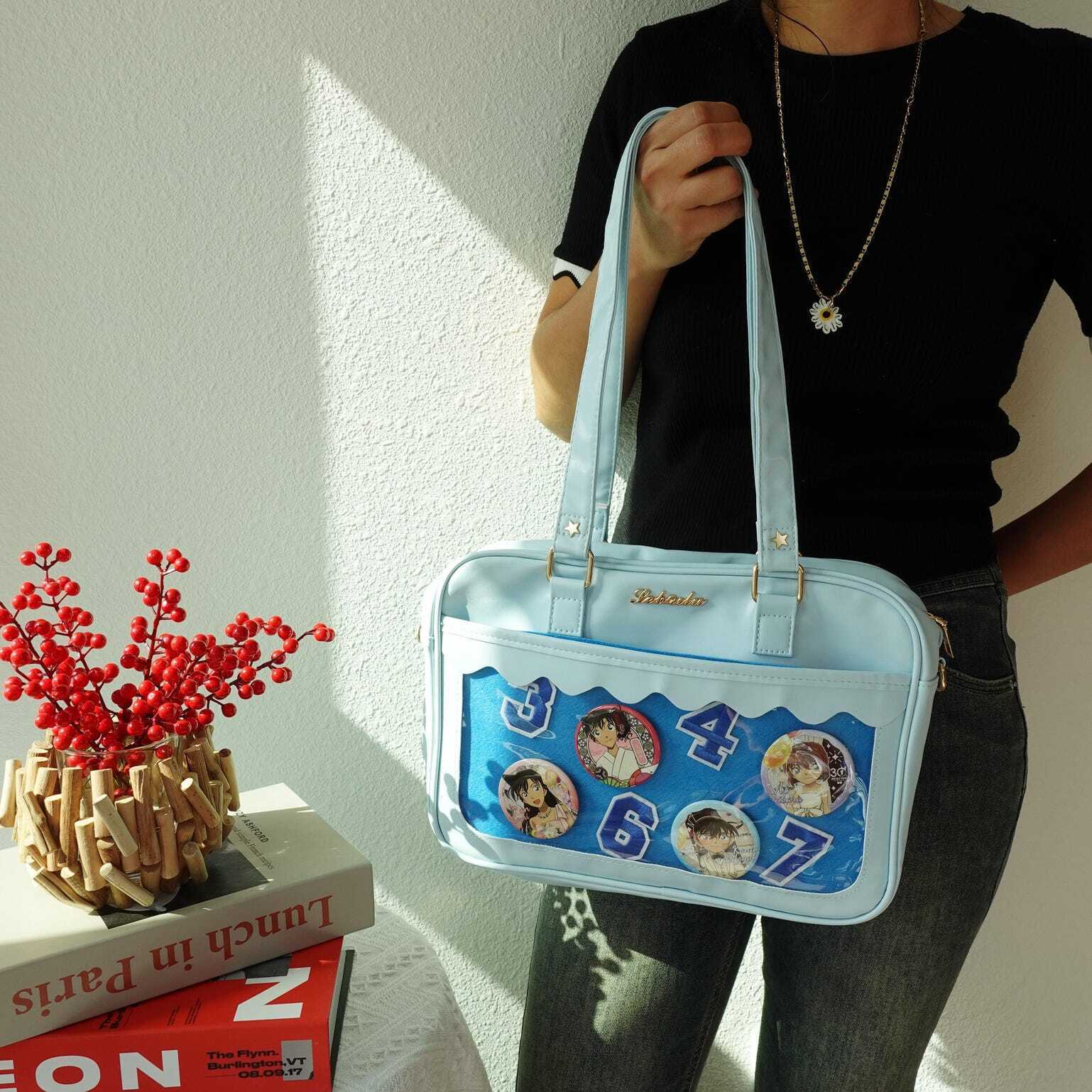 Black Kawaii Convertible Ita Bag with Clear Window for Plushies and Pins Black Kawaii Convertible Ita Bag with Clear Window for Plushies and Pins