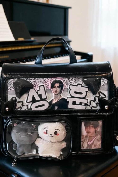 Black Kawaii Convertible Ita Bag with Clear Window for Plushies and Pins
