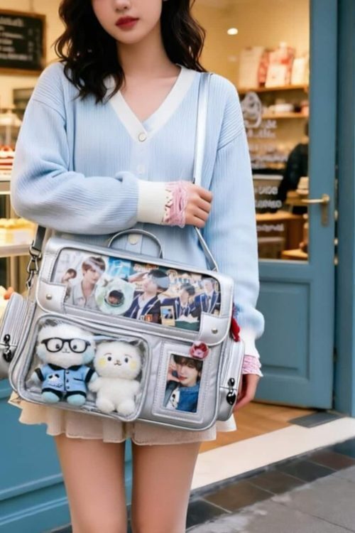 Black Kawaii Convertible Ita Bag with Clear Window for Plushies and Pins