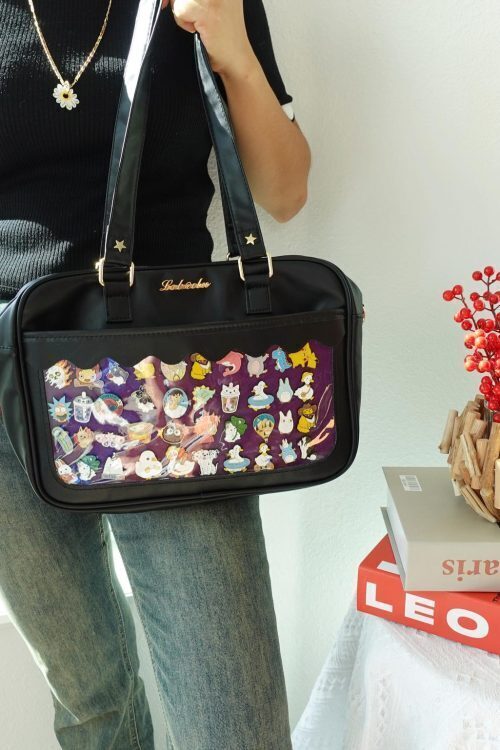Black Kawaii Convertible Ita Bag with Clear Window for Plushies and Pins