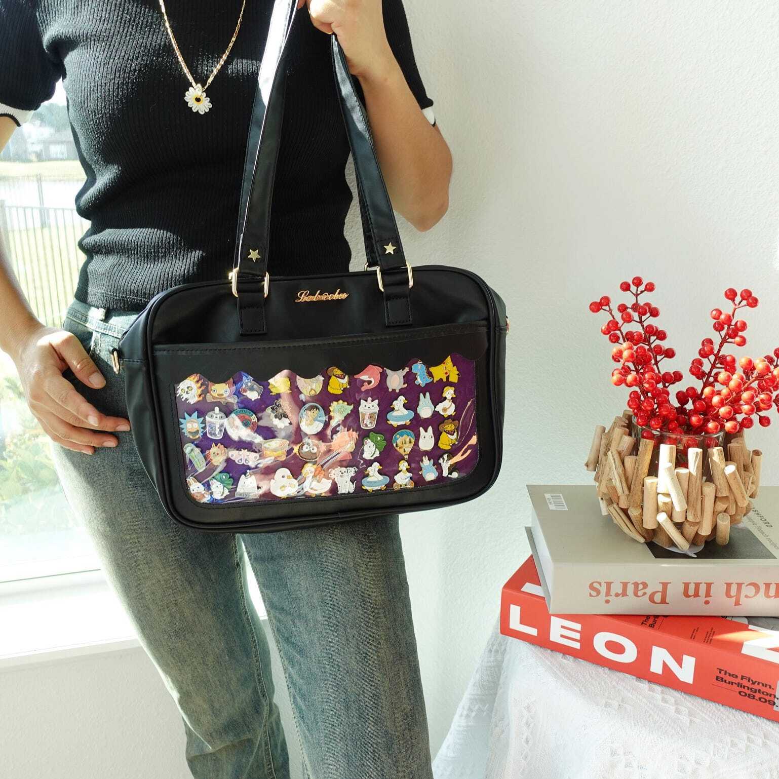 Black Kawaii Convertible Ita Bag with Clear Window for Plushies and Pins Black Kawaii Convertible Ita Bag with Clear Window for Plushies and Pins