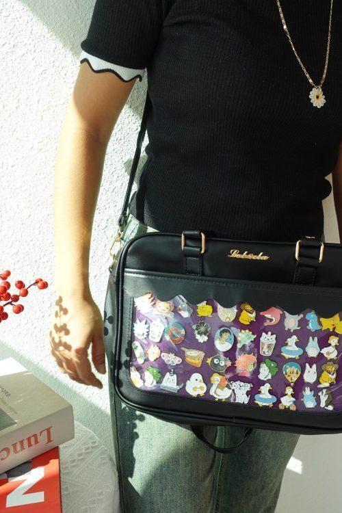 Black Kawaii Convertible Ita Bag with Clear Window for Plushies and Pins