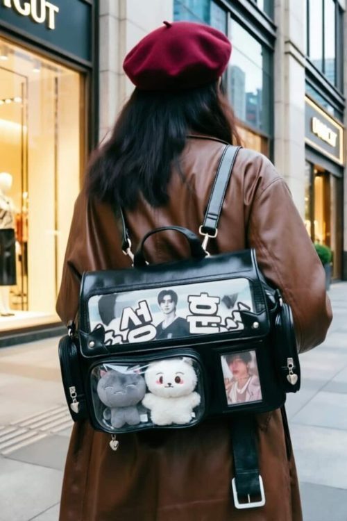 Black Kawaii Convertible Ita Bag with Clear Window for Plushies and Pins