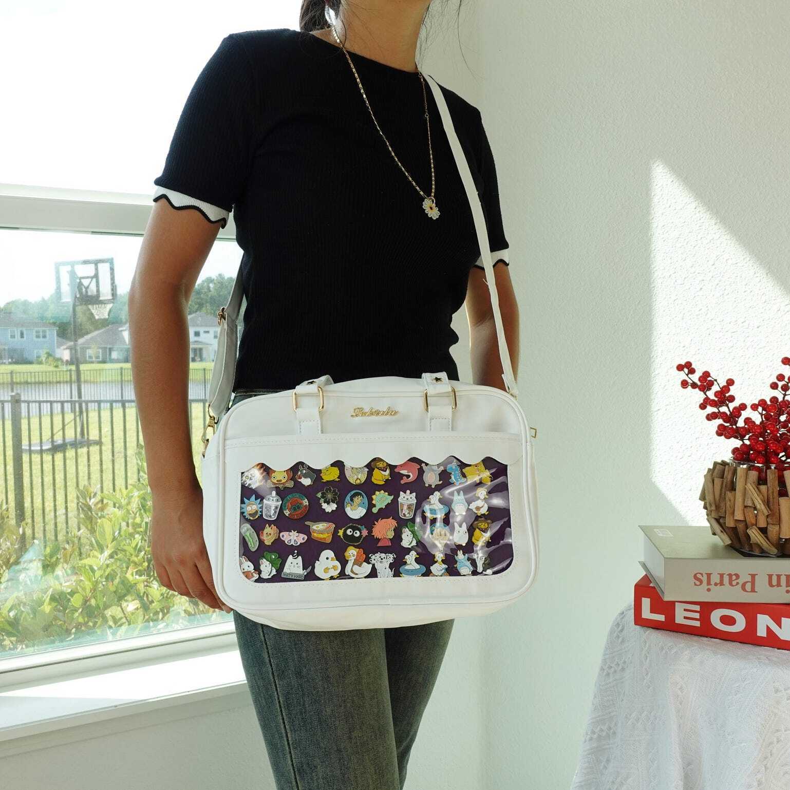 Black Kawaii Convertible Ita Bag with Clear Window for Plushies and Pins Black Kawaii Convertible Ita Bag with Clear Window for Plushies and Pins