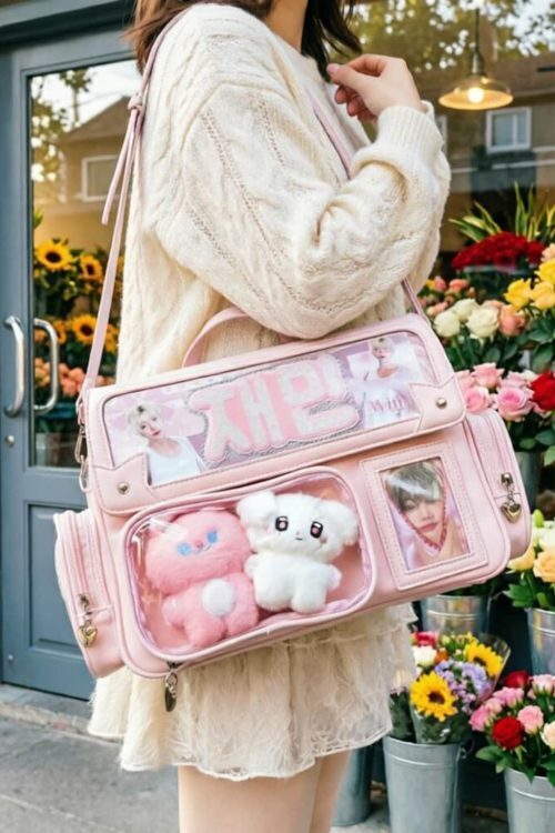 Black Kawaii Convertible Ita Bag with Clear Window for Plushies and Pins