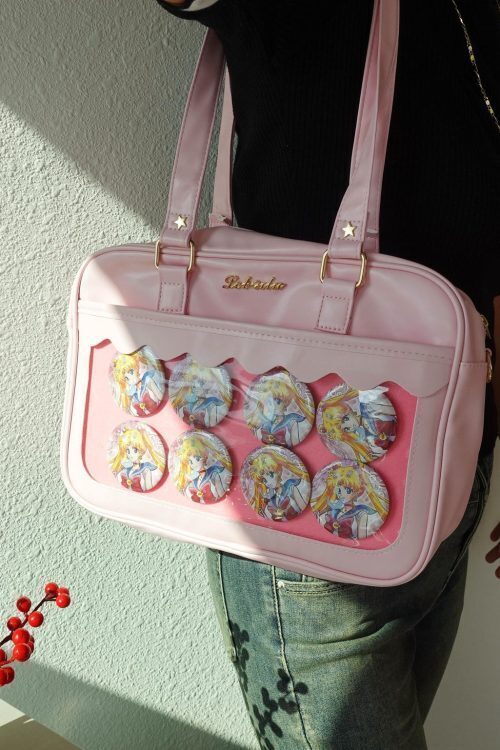 Black Kawaii Convertible Ita Bag with Clear Window for Plushies and Pins