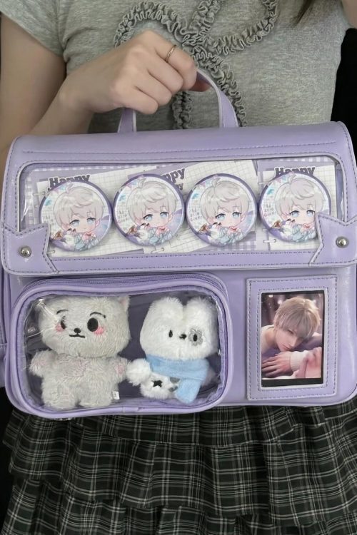 Black Kawaii Convertible Ita Bag with Clear Window for Plushies and Pins