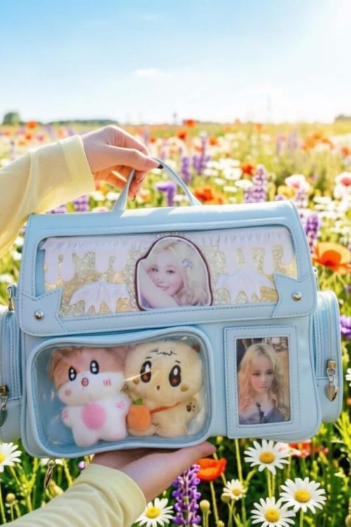 Black Kawaii Convertible Ita Bag with Clear Window for Plushies and Pins