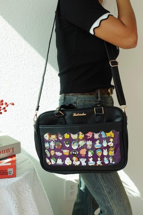 Black Kawaii Convertible Ita Bag with Clear Window for Plushies and Pins