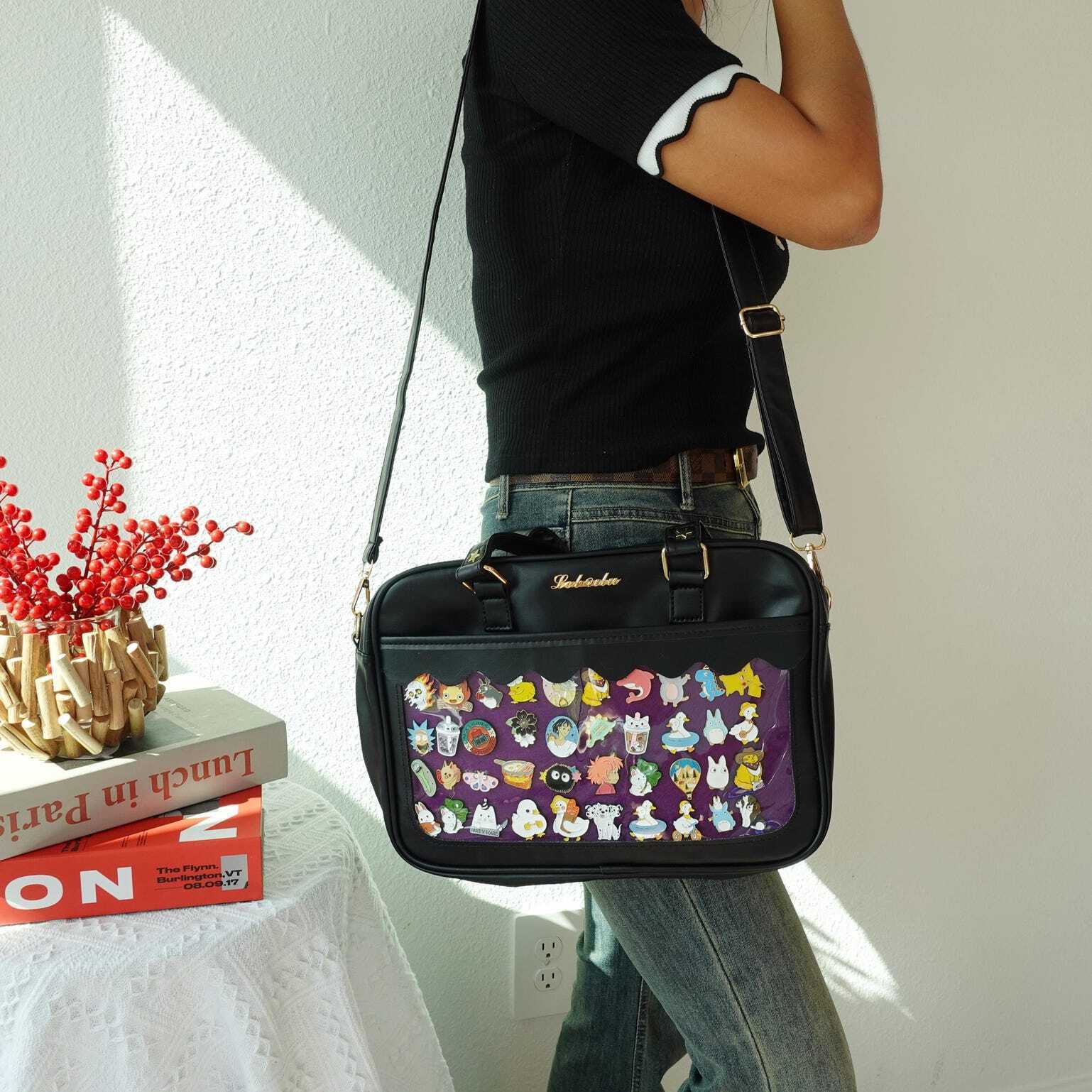 Black Kawaii Convertible Ita Bag with Clear Window for Plushies and Pins Black Kawaii Convertible Ita Bag with Clear Window for Plushies and Pins