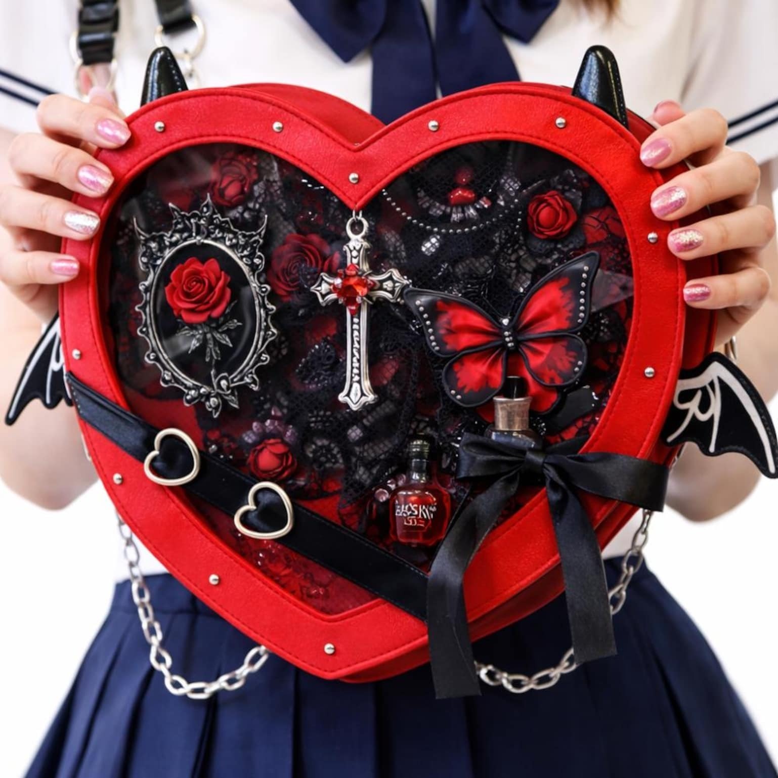 Black Kawaii Gothic Ita Crossbody Bag with Clear Window for Pin Display Black Kawaii Gothic Ita Crossbody Bag with Clear Window for Pin Display