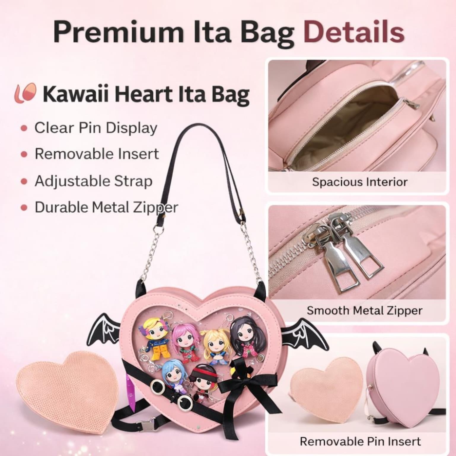 Black Kawaii Gothic Ita Crossbody Bag with Clear Window for Pin Display Black Kawaii Gothic Ita Crossbody Bag with Clear Window for Pin Display