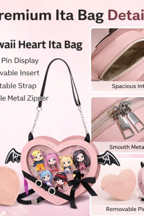 Black Kawaii Gothic Ita Crossbody Bag with Clear Window for Pin Display