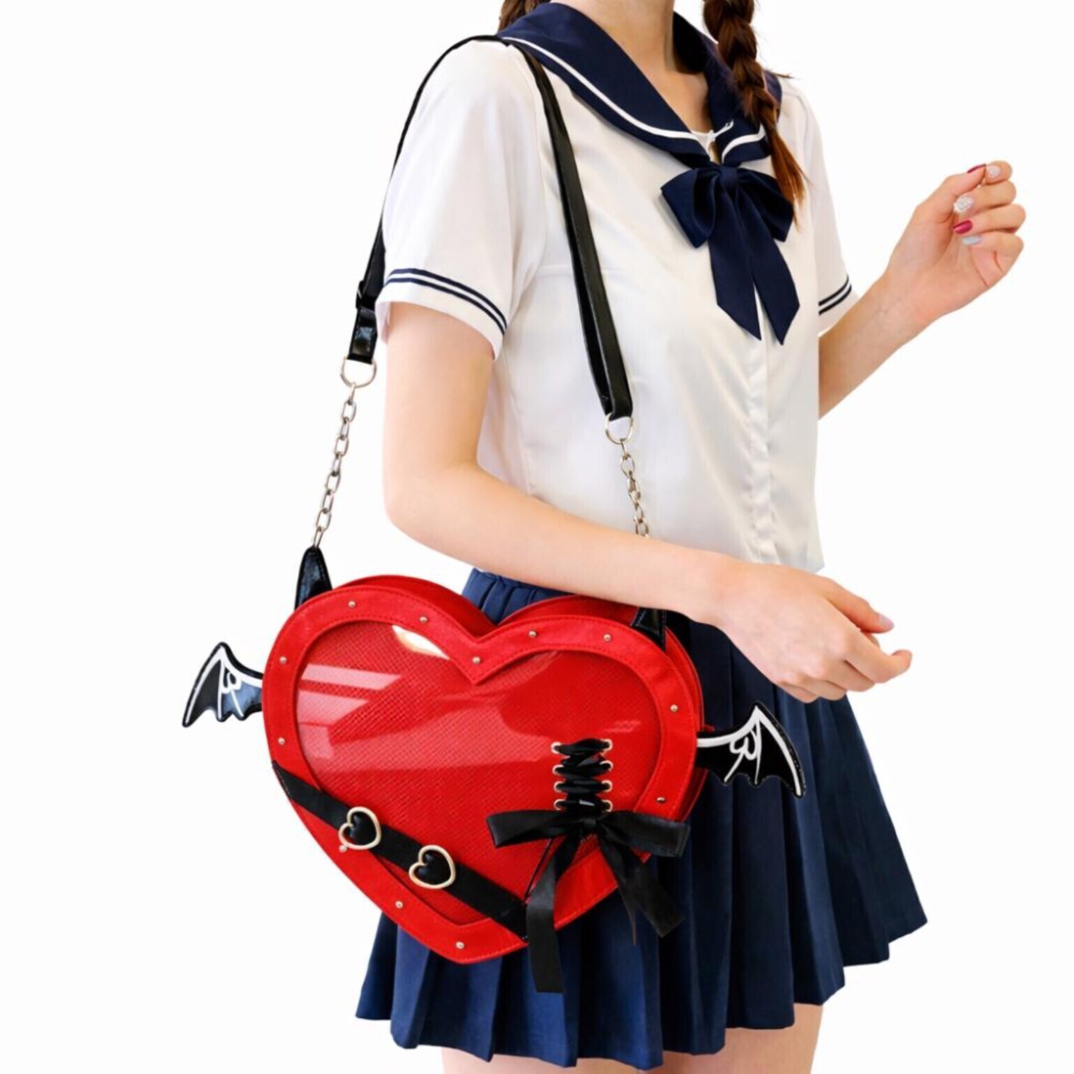 Black Kawaii Gothic Ita Crossbody Bag with Clear Window for Pin Display Black Kawaii Gothic Ita Crossbody Bag with Clear Window for Pin Display