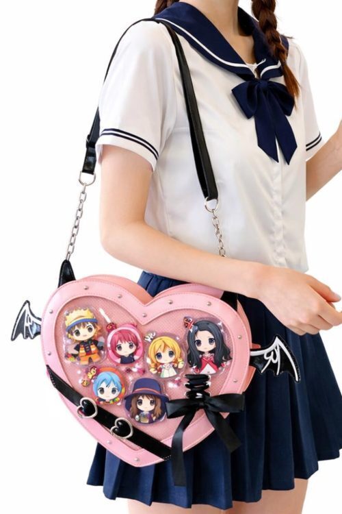 Black Kawaii Gothic Ita Crossbody Bag with Clear Window for Pin Display